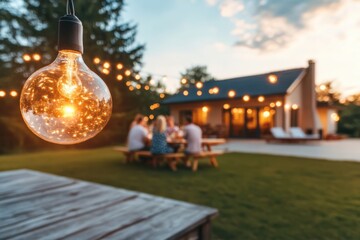Cozy outdoor gathering with friends and family enjoying a meal at a picnic table under warm, glowing string lights at sunset, creating a festive and inviting atmosphere for a summer evening.