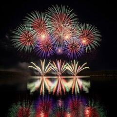 Vibrant fireworks display over calm lake at night