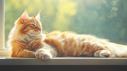 Majestic long-haired orange Maine Coon cat lounging by a window, bathed in warm sunlight, with a soft green bokeh background, exuding comfort and tranquility.
