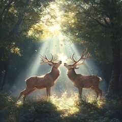 Two majestic stags with large antlers in a sun-dappled forest, bathed in ethereal light beams, creating a magical and enchanting scene of wildlife and nature.