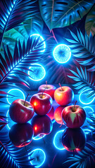 Vibrant red apples illuminated by electric blue neon light amidst glowing tropical foliage