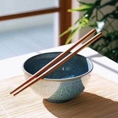 Close-up of a traditional Japanese ceramic bowl with speckled blue glaze, holding wooden chopsticks on a bamboo mat, set against a bright, sunlit background.