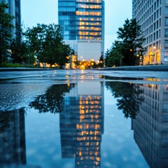 Rainy city street at dusk with reflections of illuminated modern buildings in puddles, creating a moody and atmospheric urban scene.