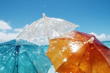 Three colorful translucent umbrellas, blue, orange, and clear, glistening with water droplets under a bright blue sky with soft clouds, on a tropical beach.