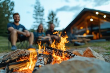 Friends enjoying a cozy campfire at dusk, with a glamping tent illuminated in the background, creating a warm and inviting atmosphere for outdoor adventure and relaxation.