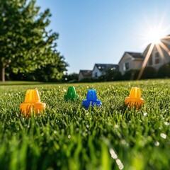 Close-up of colorful plastic toy cars on a lush green lawn with dew drops, illuminated by a bright sunburst, evoking childhood fun and summer days.