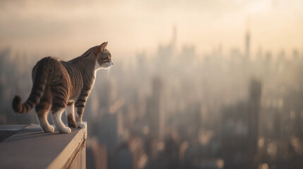 A tabby cat standing on the edge of a rooftop, looking out over a hazy city skyline at sunrise.