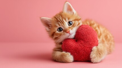A small orange kitten is lying on a pink surface and is holding a red heart shaped pillow. The kitten looks curious while playing with the soft toy.