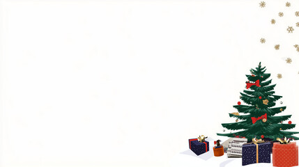 Minimal Christmas illustration with a decorated tree and gifts on a clean white background with copy space.