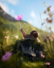 Close-up of a snail reaching toward a pink wildflower in a sunlit meadow with soft focus.