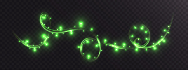 Green neon glowing fairy light garland swirl isolated on transparent dark background
