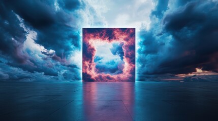 Surreal scene with a glowing square portal of fiery clouds and blue sky, set against a dark, dramatic sky with heavy clouds and a reflective concrete floor.