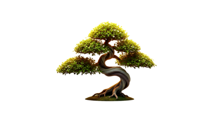 Floating bonsai tree, twisted trunk, tiny leaves, png