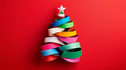 Creative paper craft Christmas tree decoration with colorful ribbons against red backdrop