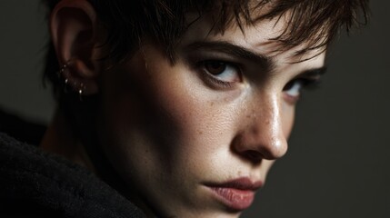 A person with short hair gazes at the camera with a focused expression. The light highlights their features in a dim space. The scene emphasizes their serious look.