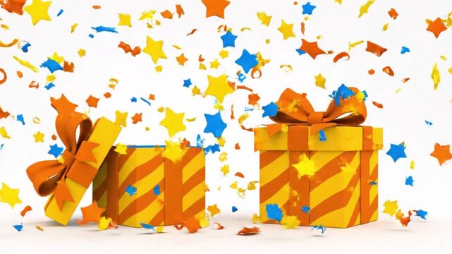 A video showcasing two vibrant orange gifts with colorful confetti exploding from one of them