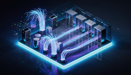 Futuristic Data Center Server Room with Blue LED Light Trails