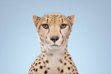 Studio portrait of a cheetah facing forward against a soft blue background with sharp detail and symmetry.