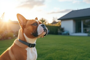 Adorable Boxer dog sitting in a lush green garden at sunset, looking up with a curious expression, golden hour light illuminating its face and the background.