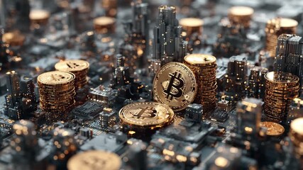 Ultra HD Bitcoin cryptocurrency coins on a futuristic circuit board city with glowing lights, representing digital finance, blockchain technology, and global economy video - Powered by Adobe