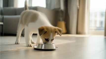 Young puppy eating from a metal bowl on a clean floor in a cozy home interior.