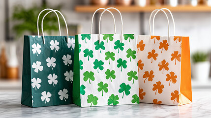 Three festive paper gift bags decorated with shamrock patterns in green, white, and orange on a marble surface.