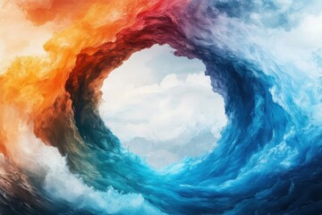 Abstract swirling vortex of fire and water, with vibrant orange, red, and blue colors, representing elemental forces, power, and transformation, against a cloudy sky background