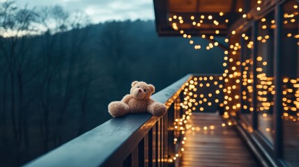 A lone, fuzzy teddy bear sitting on a dark railing on a balcony at dusk, with blurred warm fairy lights in the background, creating a cozy and nostalgic atmosphere, childhood memory
