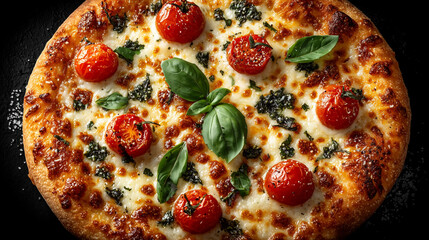 Freshly baked cheese pizza topped with cherry tomatoes and basil leaves on a dark background.
