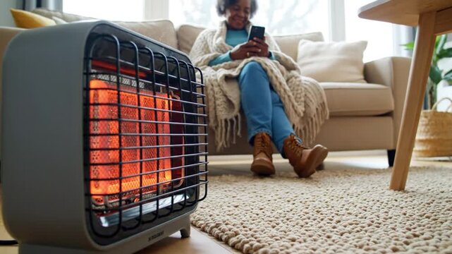 A woman relaxes at home with a portable heater on the floor beside her on a cold day in a cozy living room with a video about home heating solutions.