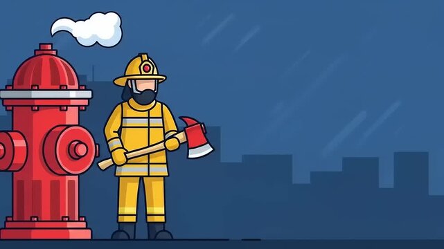 Firefighter Standing Beside Fire Hydrant Cartoon.
