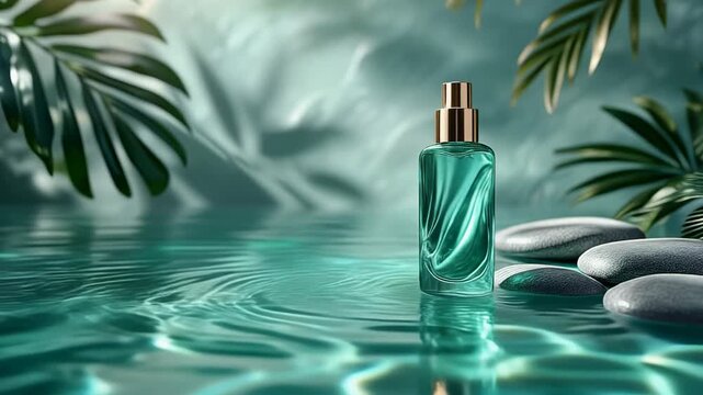 Aqua cosmetic bottle on clear water tropical spa zen background