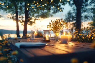 Outdoor Dining Table Set for Dinner with Candles and Flowers at Dusk by the Lake, Warm Evening Light