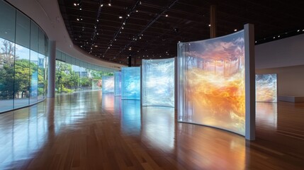 Modern Art Gallery with Curved Illuminated Screens Displaying Abstract Light and Color, Reflecting on a Wooden Floor