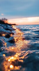 String Lights Along a Rocky Shoreline at Sunset, Gentle Waves and Warm Golden Glow
