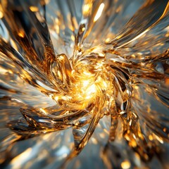 Abstract Swirling Liquid with Golden Light, Vortex Effect, Close-up Macro Shot