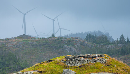 Wind turbines emerging from fog on forested hillside. © Trygve