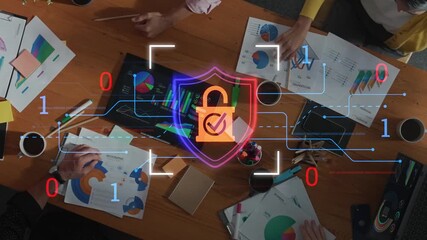 Team Collaboration in a Modern Office with Digital Security Illustrations and Data Analytics, Representing Cybersecurity and Teamwork Dynamics Gluon. - Powered by Adobe