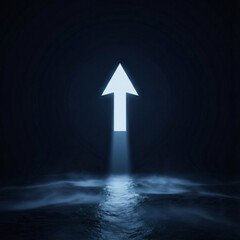 Fototapeta premium A bright white arrow pointing upwards illuminates a dark smoky background