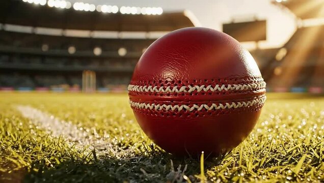 cricket ball on green grass inside stadium at sunset hd 4k, cricket ball on grass, closeup of circket ball, professional cricket ball, cinematic cricket moment with ball on grass hd 4k