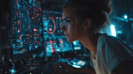 A person sits focused at a desk with several computer screens displaying data and graphics in a dimly lit room. They are engaged in a task and typing on the keyboard.