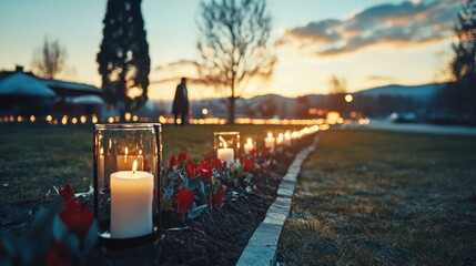 Row of glowing memorial candles and red tulips lining a path at dusk, with a blurred figure in the distance and a warm sunset sky.