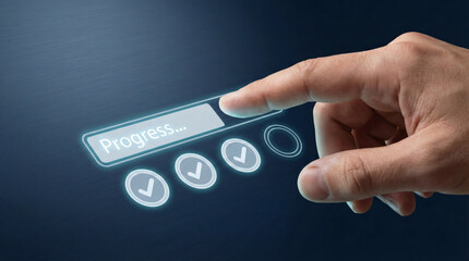 A hand interacting with a digital progress bar showing completion stages