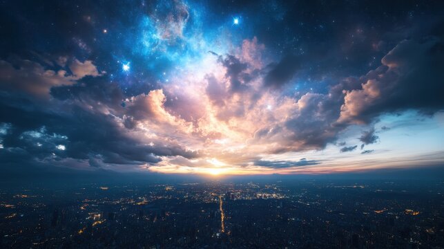 Panoramic Cityscape at Dusk with a Vibrant Nebula-like Sky, Stars, and Clouds, Cosmic and Urban Blend