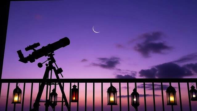 Silhouette of a telescope and lanterns against a purple and orange twilight sky with a crescent moon.