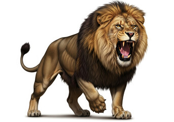 Fierce male lion roaring with open mouth isolated on white background