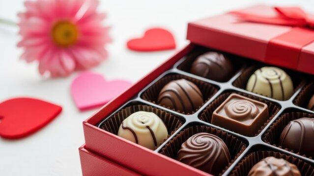 Elegant assorted gourmet chocolate truffles and pralines in beautiful red gift box isolated on white background - Powered by Adobe