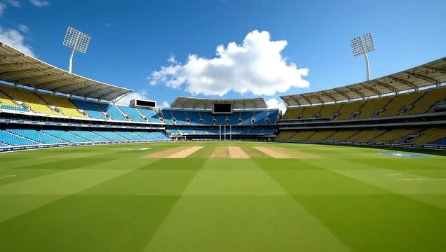 empty cricket stadium under blue sky in daylight hd 4k, sports stadium ready for match in bright daylight hd 4k