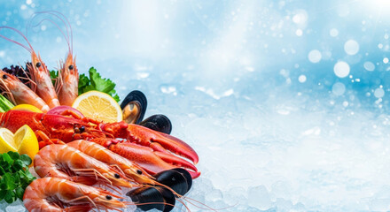 Fresh seafood on ice with lobster, shrimp and mussels. Blue background with copy space.