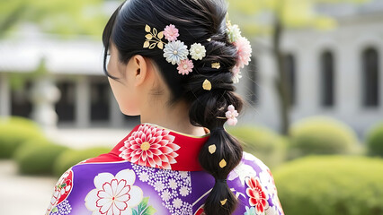 Cultural Celebration, Young Woman, Japanese Garden, Photo, Springtime, Back View, Traditional Kimono Elegance